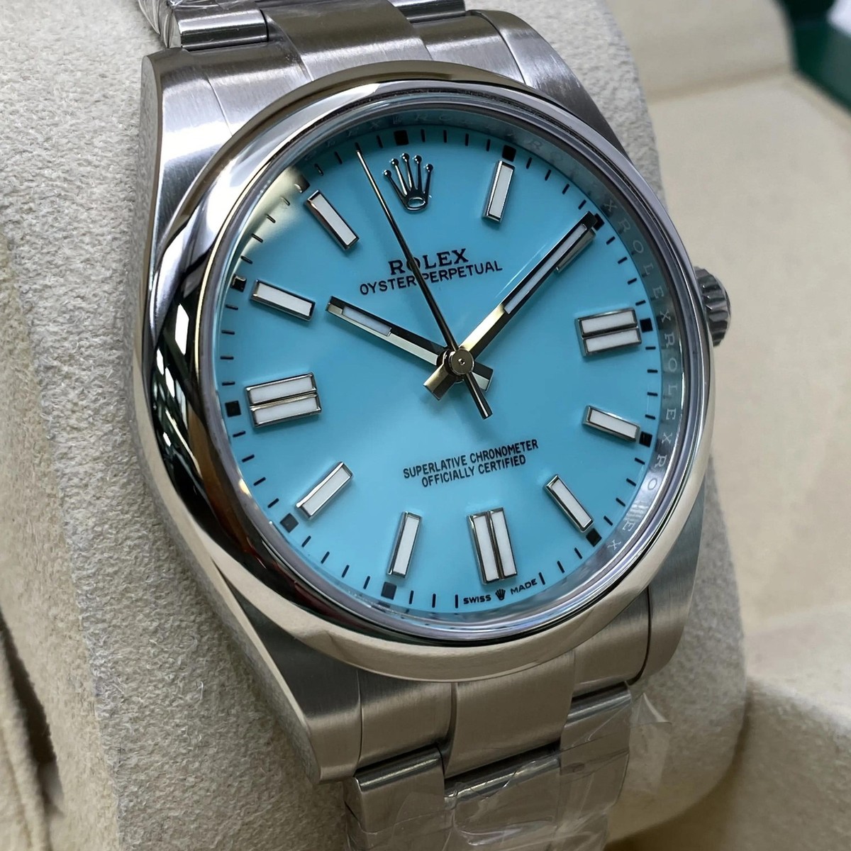 Rolex Oyster Perpetual Steel Custom Blue Turquoise Dial Watch 124300