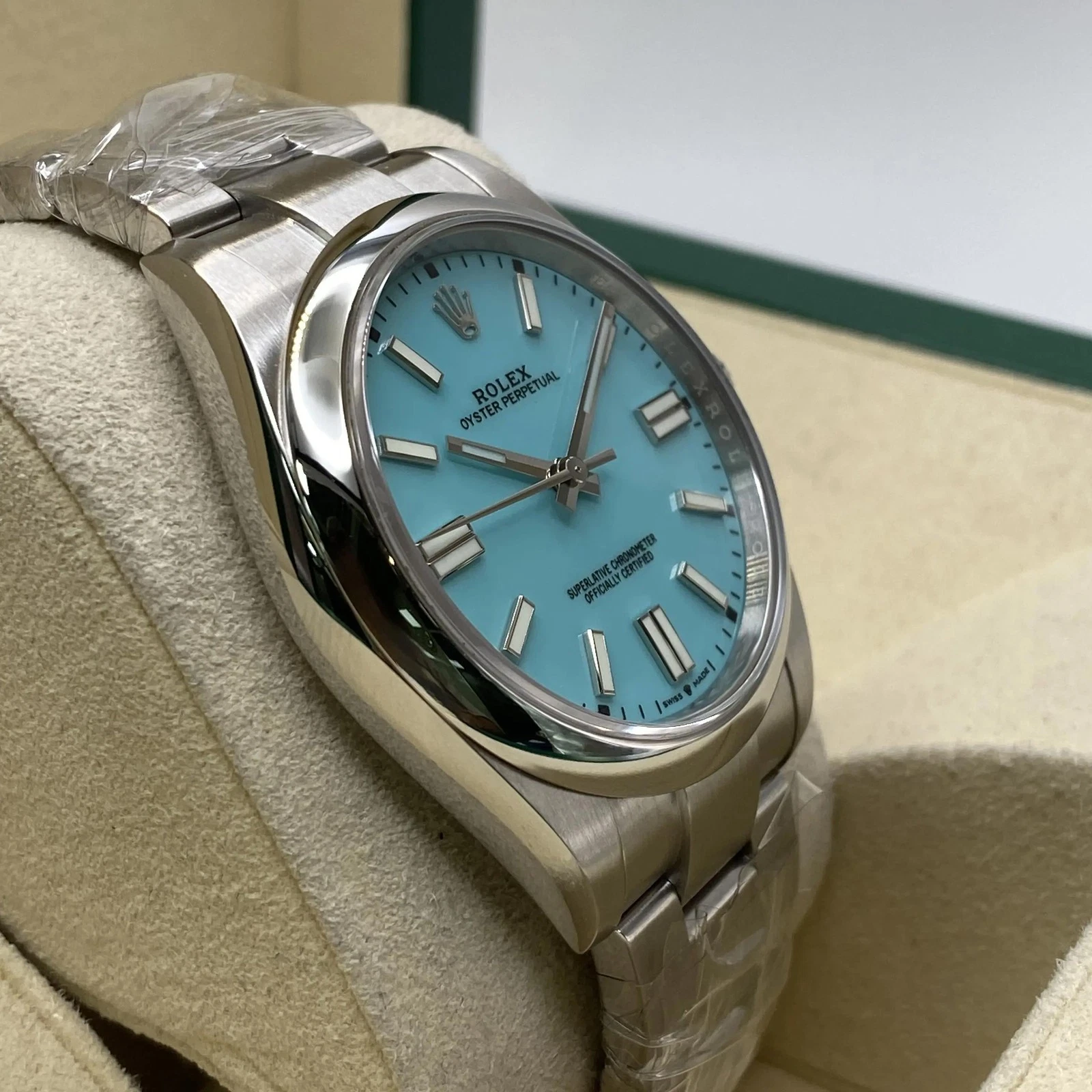 Rolex Oyster Perpetual Steel Custom Blue Turquoise Dial Watch 124300