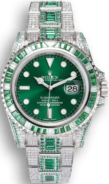 Men's Iced-Out Diamond Watch | Rolex Submariner 40mm | Emerald Bezel | Oyster Bracelet