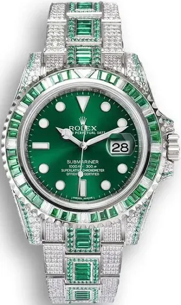 Men's Iced-Out Diamond Watch | Rolex Submariner 40mm | Emerald Bezel | Oyster Bracelet