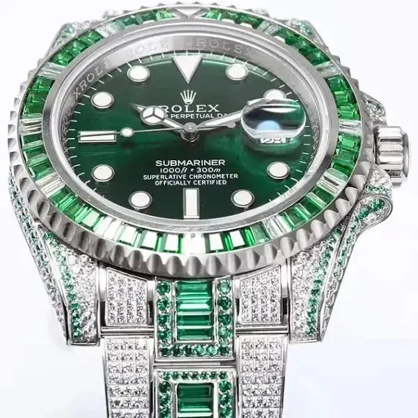Men's Iced-Out Diamond Watch | Rolex Submariner 40mm | Emerald Bezel | Oyster Bracelet