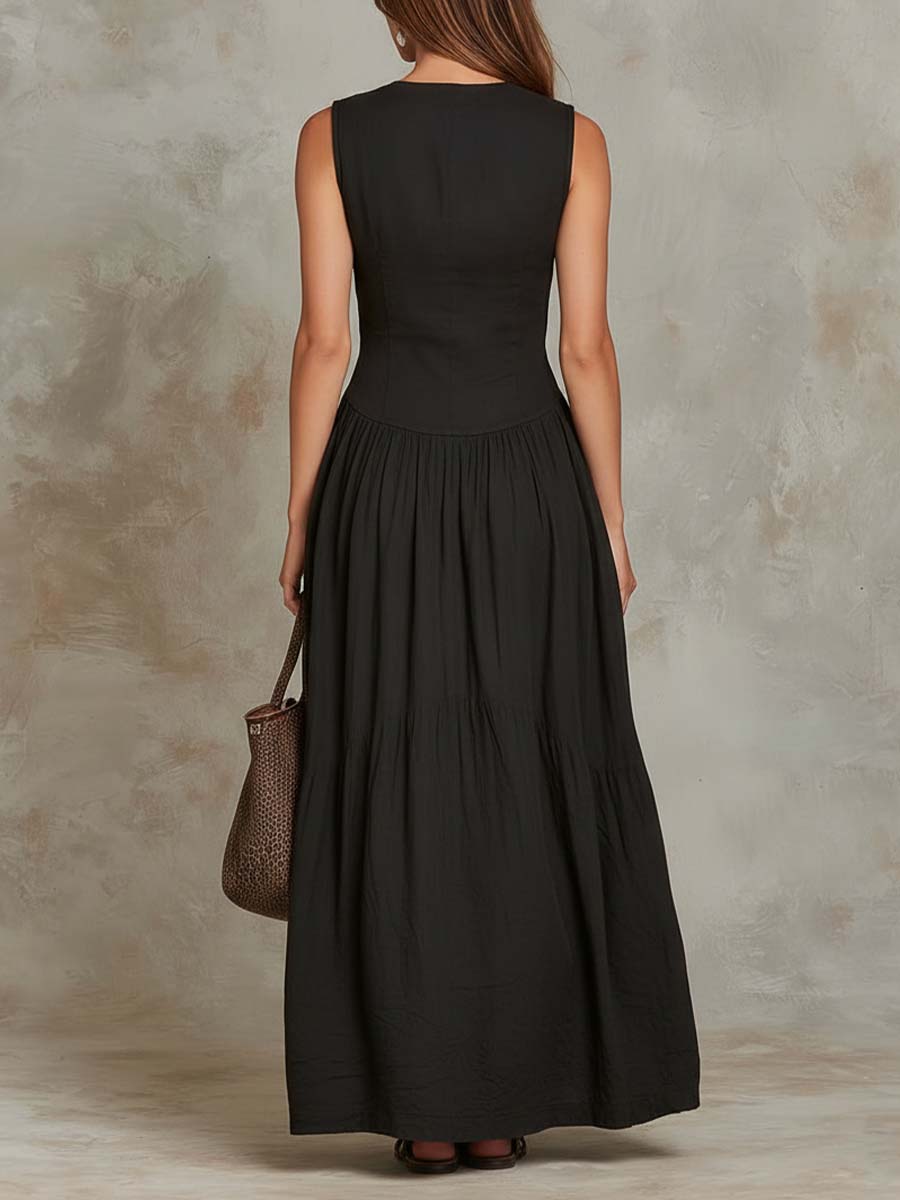 Retro Flap Pocket Cotton Maxi Dress