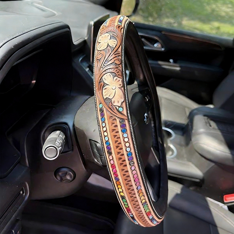 All-Season Breathable Steering Wheel Cover – Western Style, Non-Slip Grip, 14.3-14.6