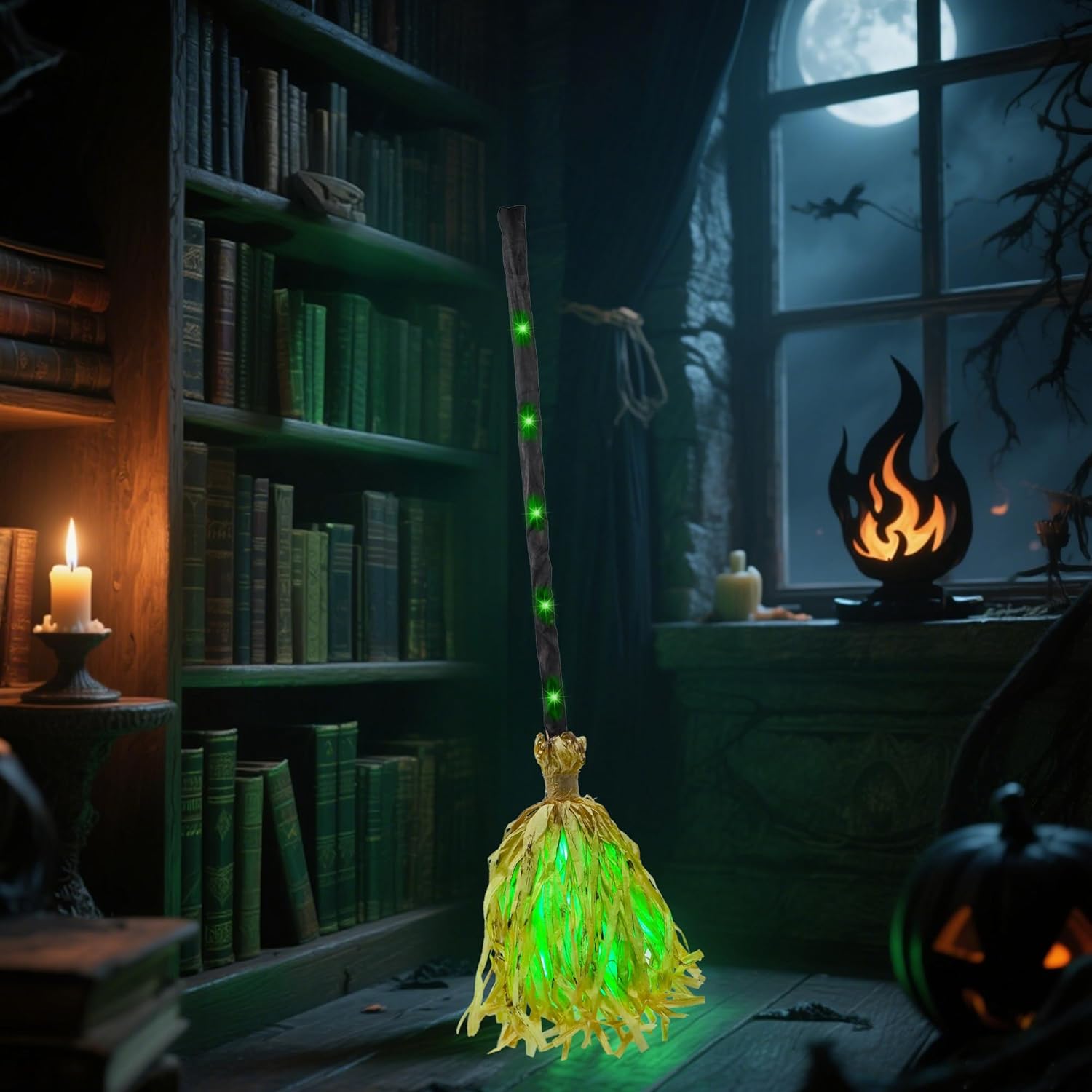 👻Magic Dancing Broom – Sound & Touch Activated Witch Broomstick with Green Lights for Indoor/Outdoor Halloween Fun