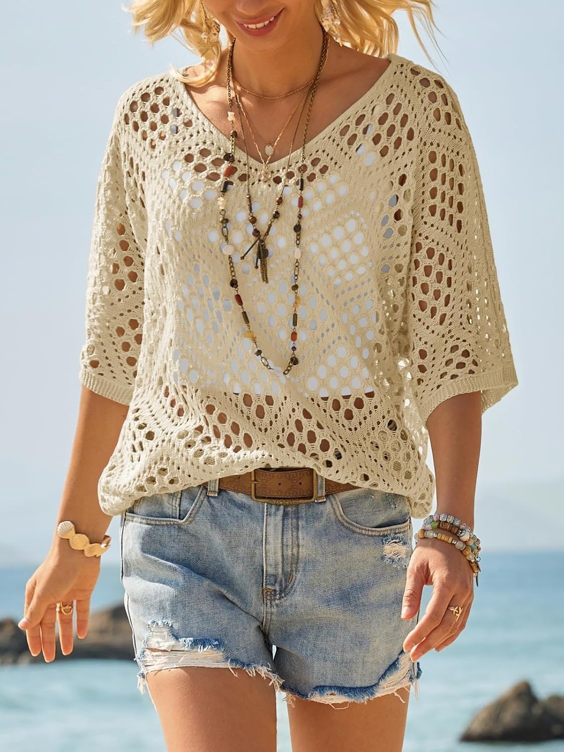 🌿 Handmade Crochet V‐Neck Boho Top | Apricot Summer Essential