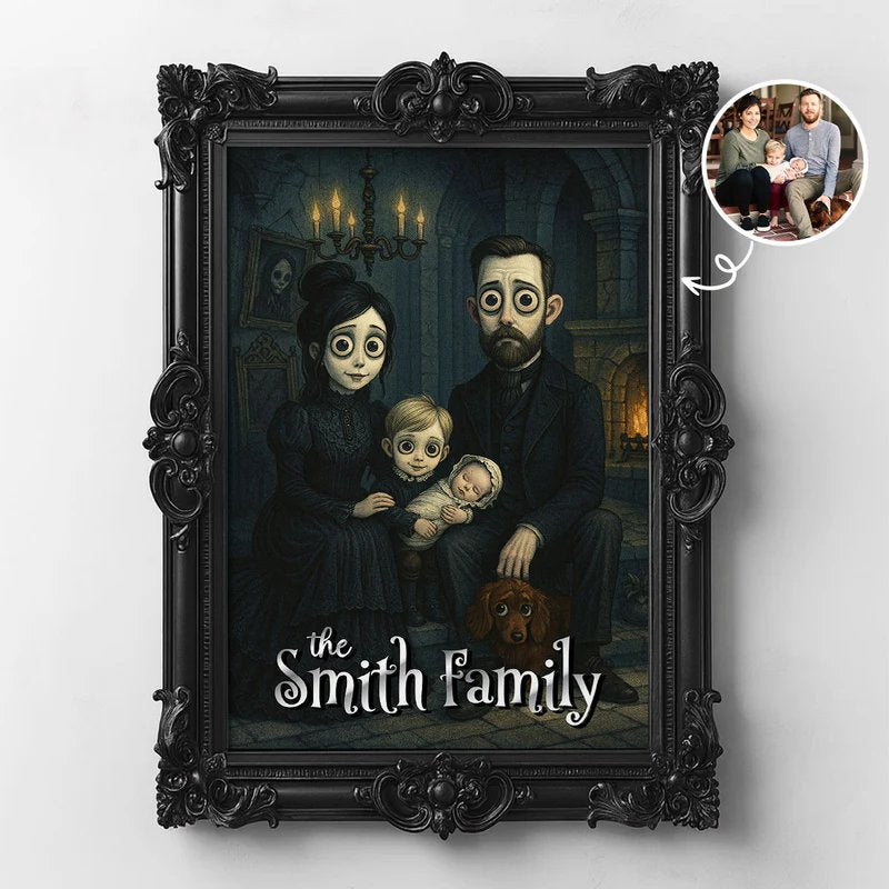Framed artwork of a family with a dark, gothic style on a white background.