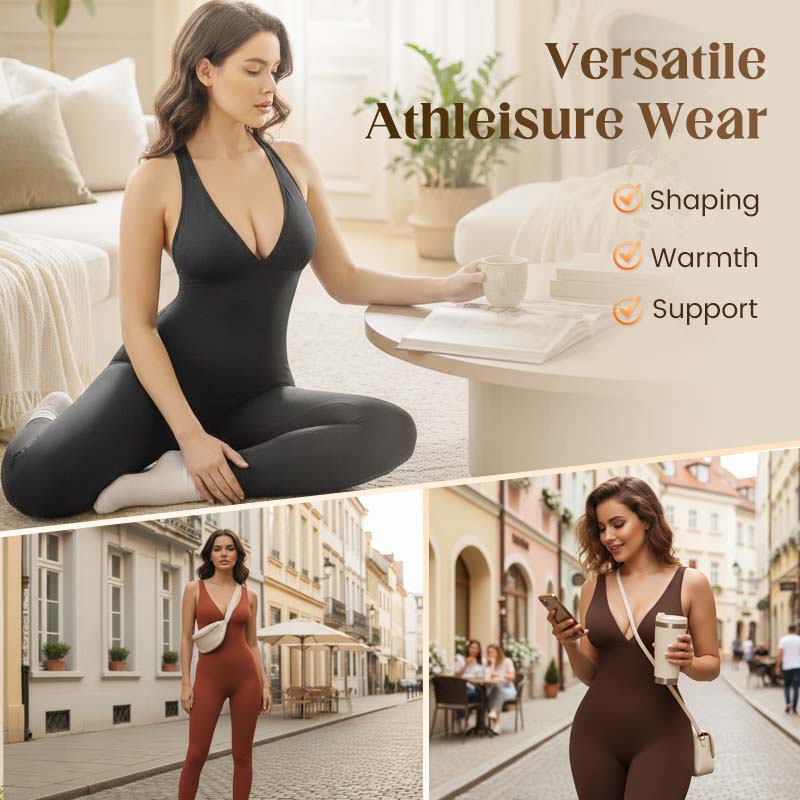 💞95K+ SOLD!🌸High-Stretch V-Neck Jumpsuit – All-day ease for fitness & beyond. Breathable, flexible & effortlessly chic. Your go-to for movement. 🧘‍♀️💫