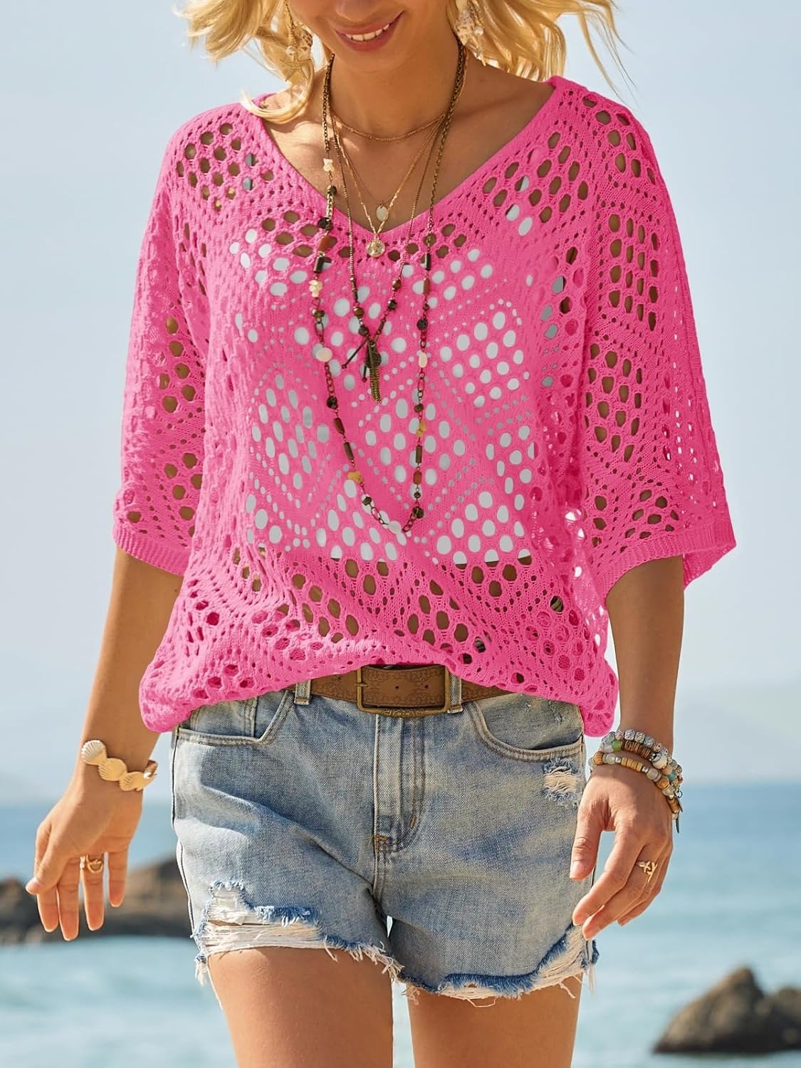 🌿 Handmade Crochet V‐Neck Boho Top | Apricot Summer Essential