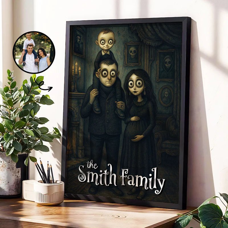 Framed artwork of 'The Smith Family' with a family photo in the corner.