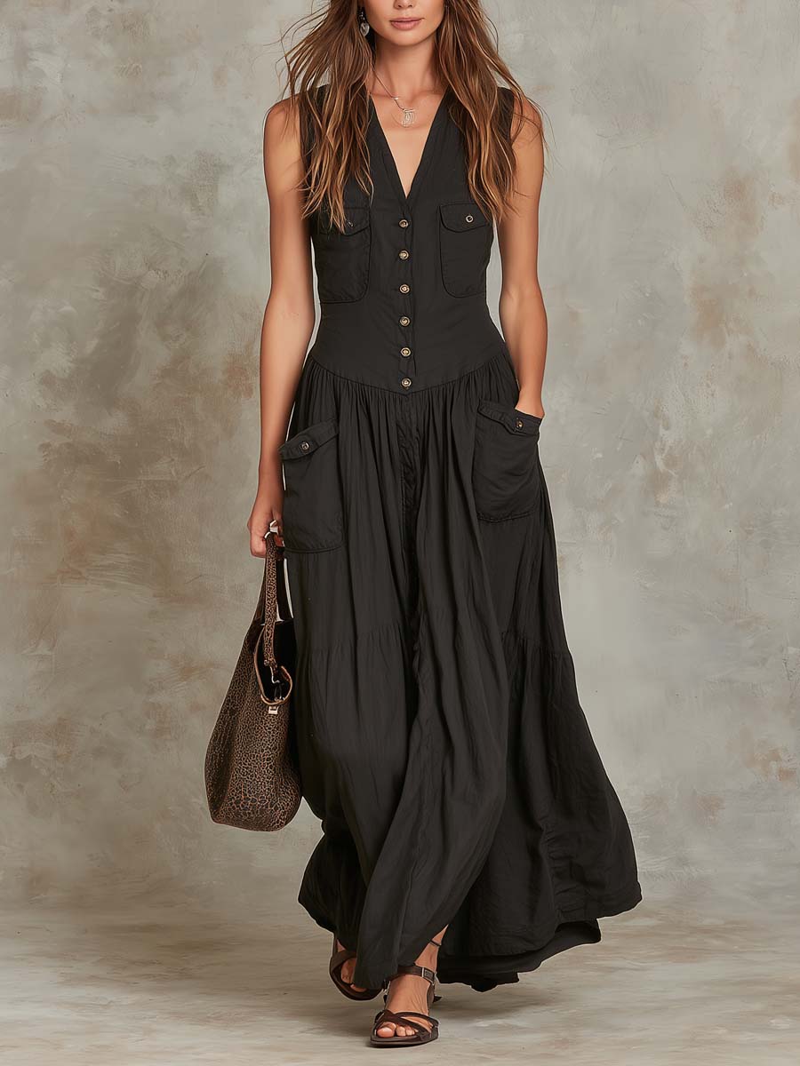 Retro Flap Pocket Cotton Maxi Dress