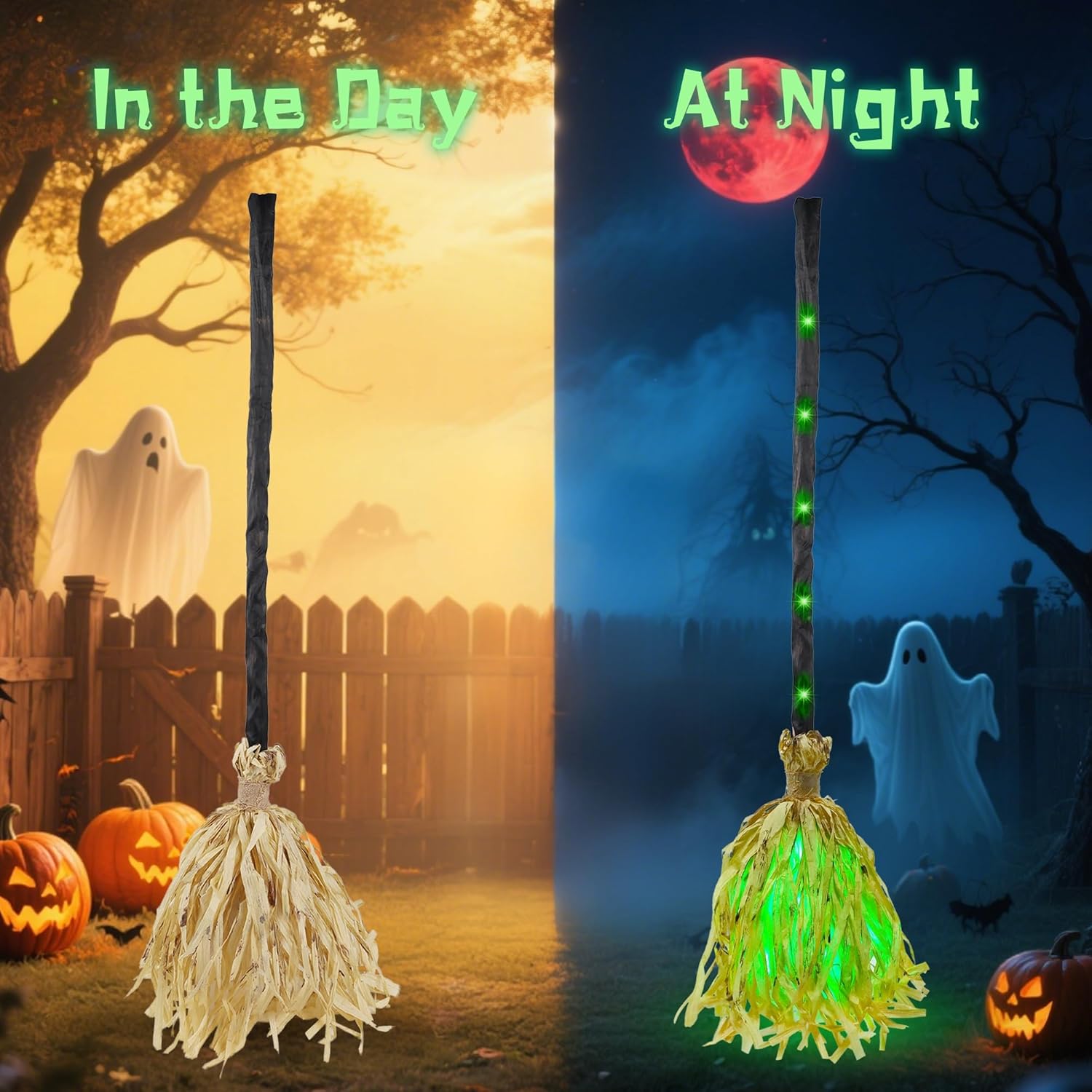 👻Magic Dancing Broom – Sound & Touch Activated Witch Broomstick with Green Lights for Indoor/Outdoor Halloween Fun