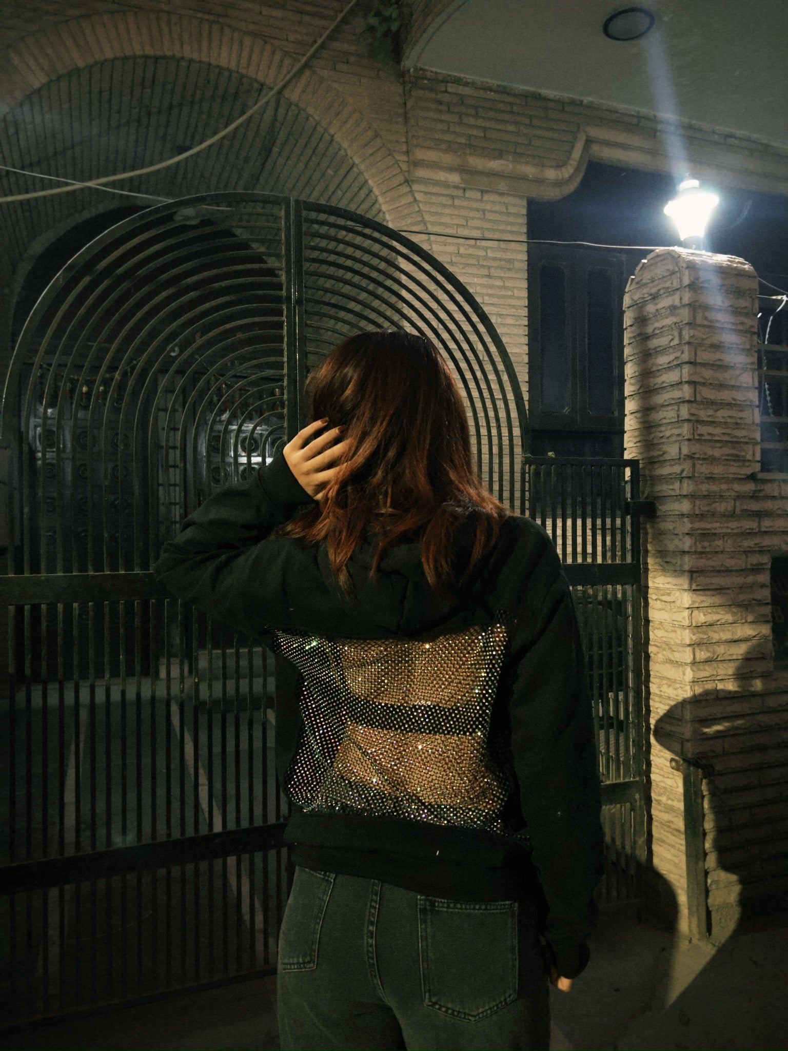 Open-weave mesh hooded sweater