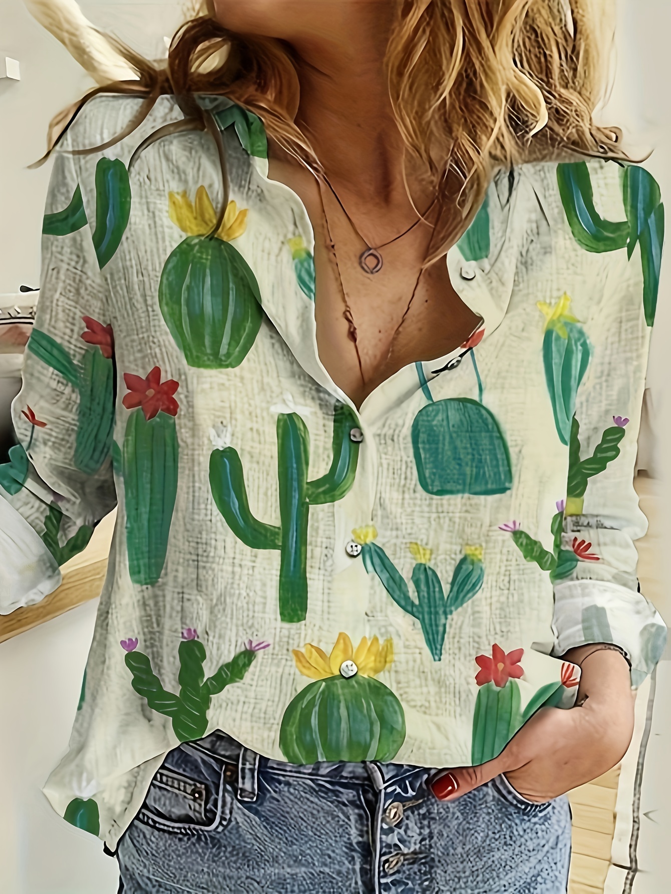 Women'S Stylish Printed Long-Sleeve Collared Shirt