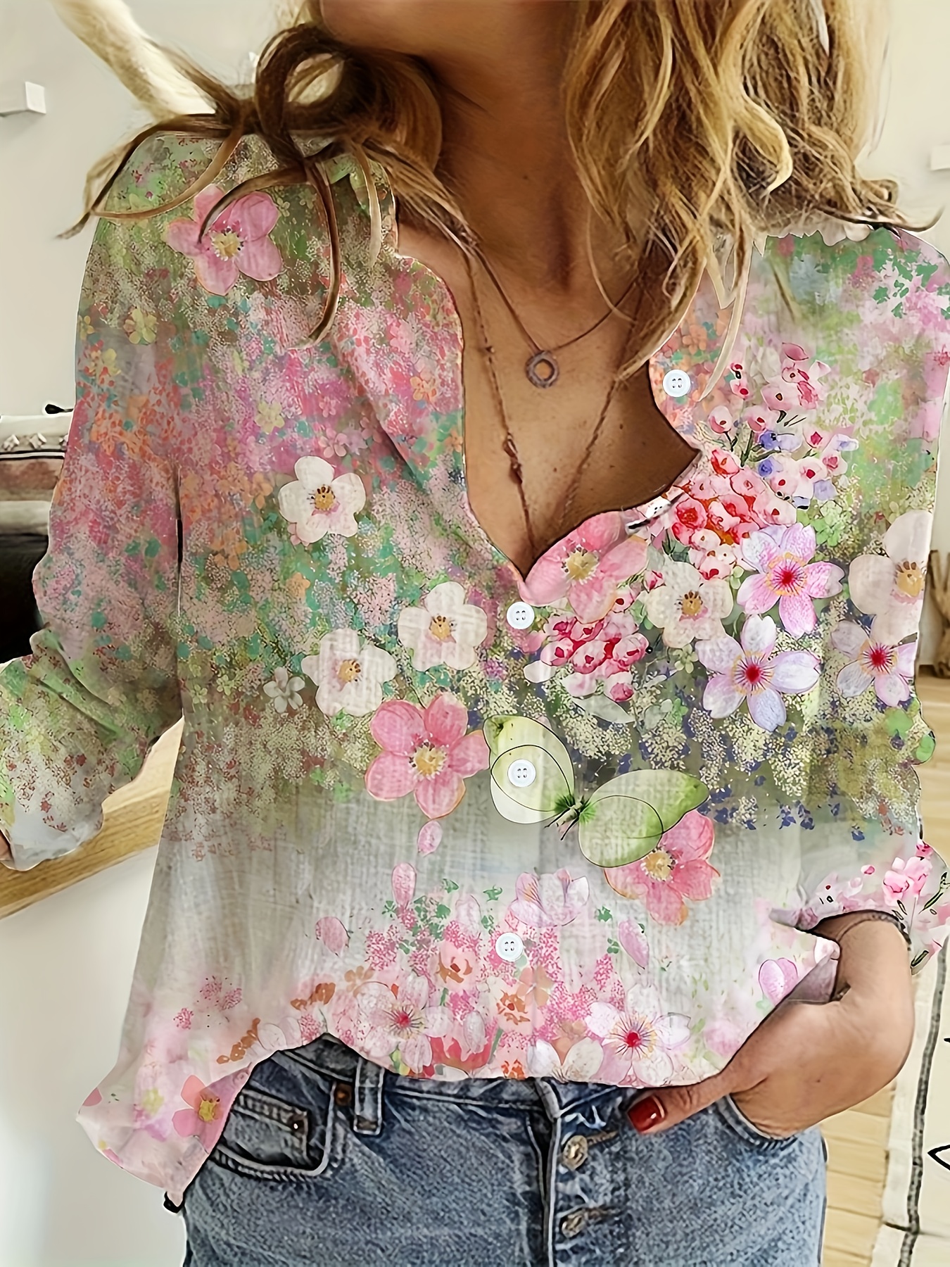 Women'S Stylish Printed Long-Sleeve Collared Shirt