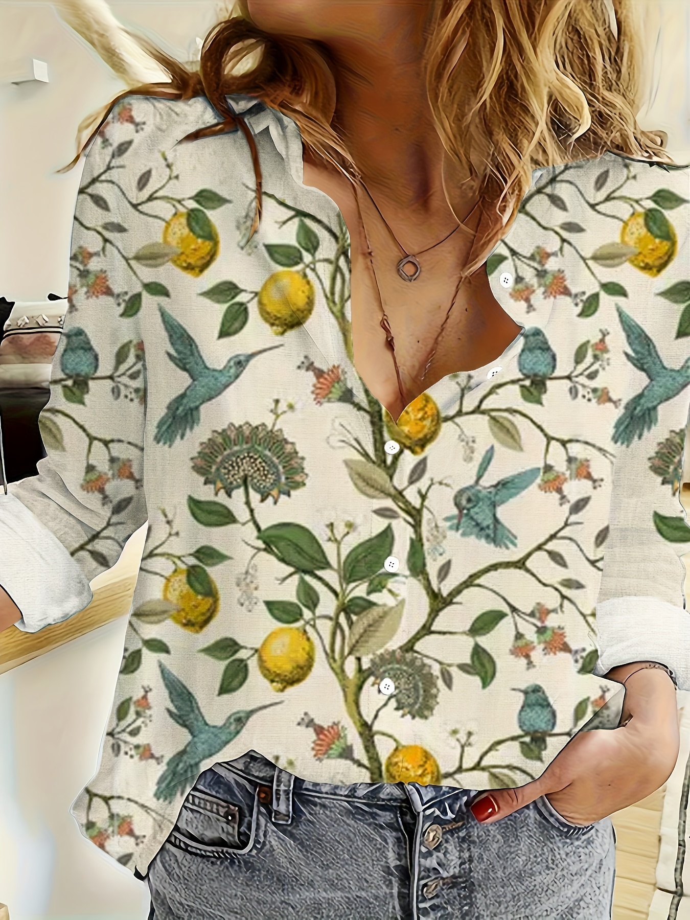 Women'S Stylish Printed Long-Sleeve Collared Shirt