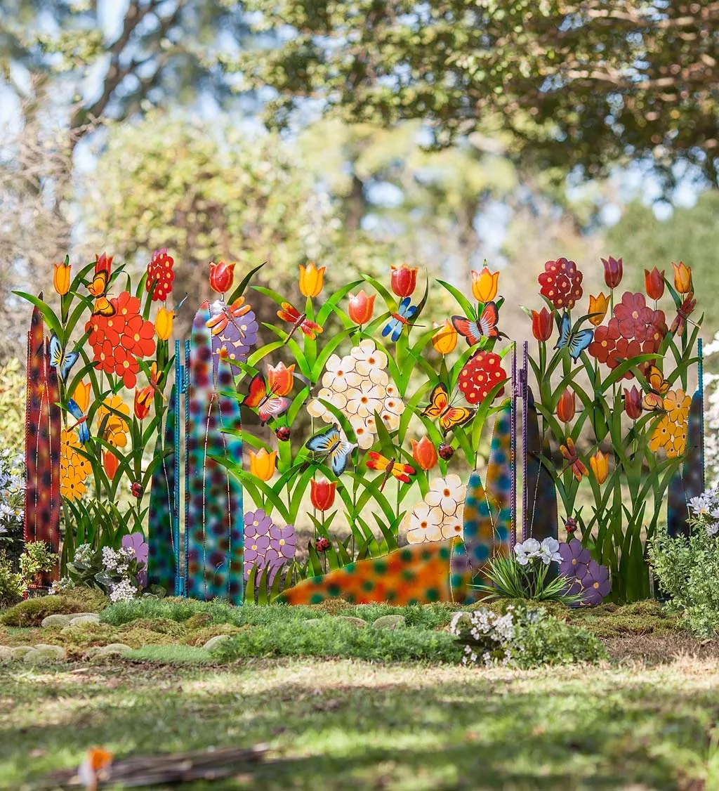 Colorful Metal Butterfly and Flower Garden Screen