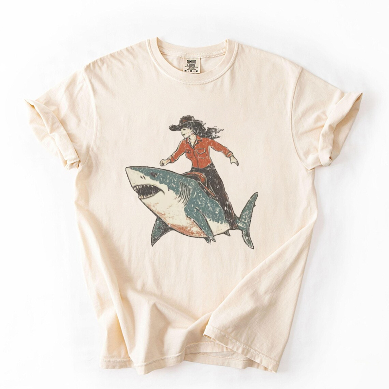 Vintage Western Cowgirl Riding Shark T-shirt