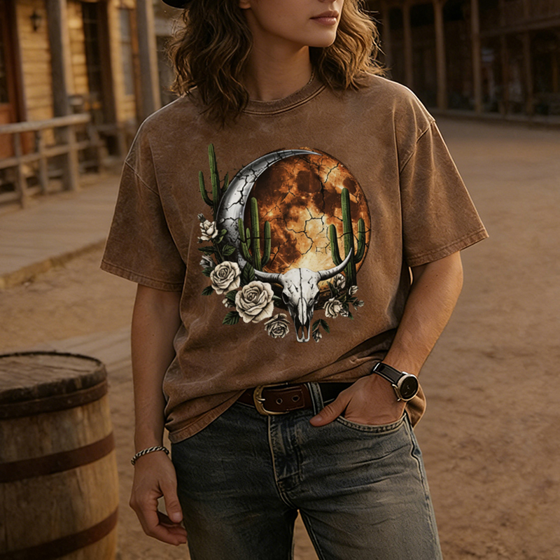Western Desert Moon Bull Skull T-shirt
