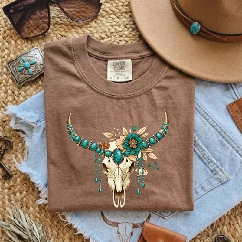Boho Longhorn Skull Western Floral T-shirt