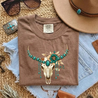 Boho Longhorn Skull Western Floral T-shirt