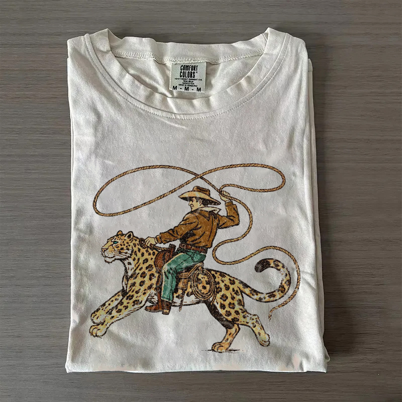 Vintage Western Cowboy Riding Leopard  T-shirt