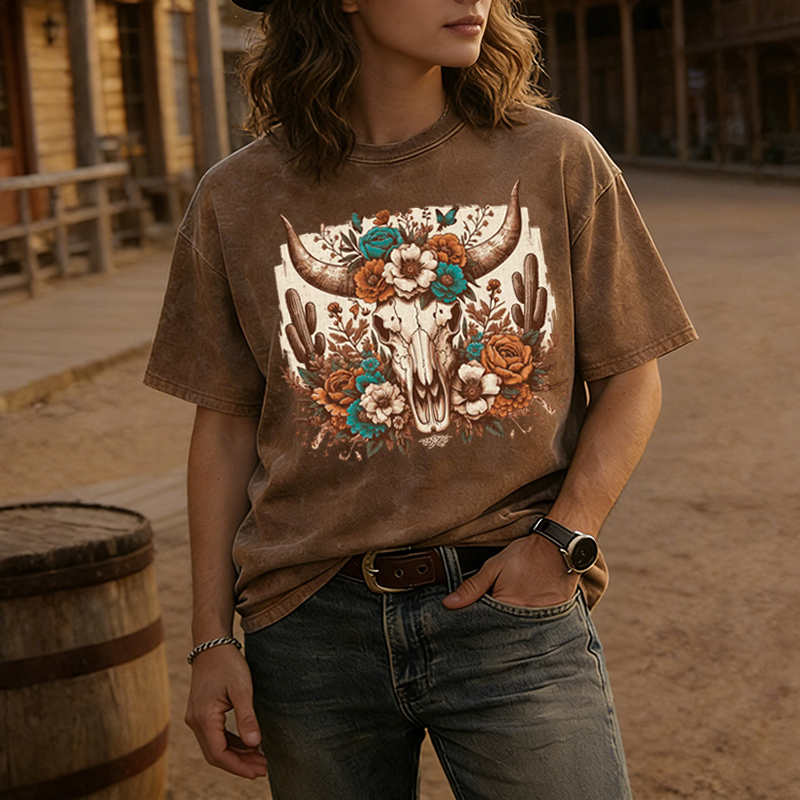 Western Boho Cow Skull  T-shirt