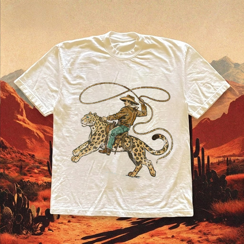 Western Cowboy Riding Leopard T-shirt
