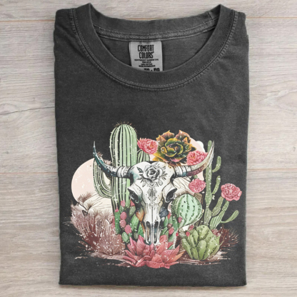 Western Boho Cow Skull Desert Cactus T-shirt