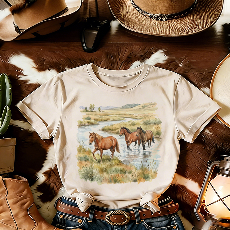 Western Wild Horses River T-shirt