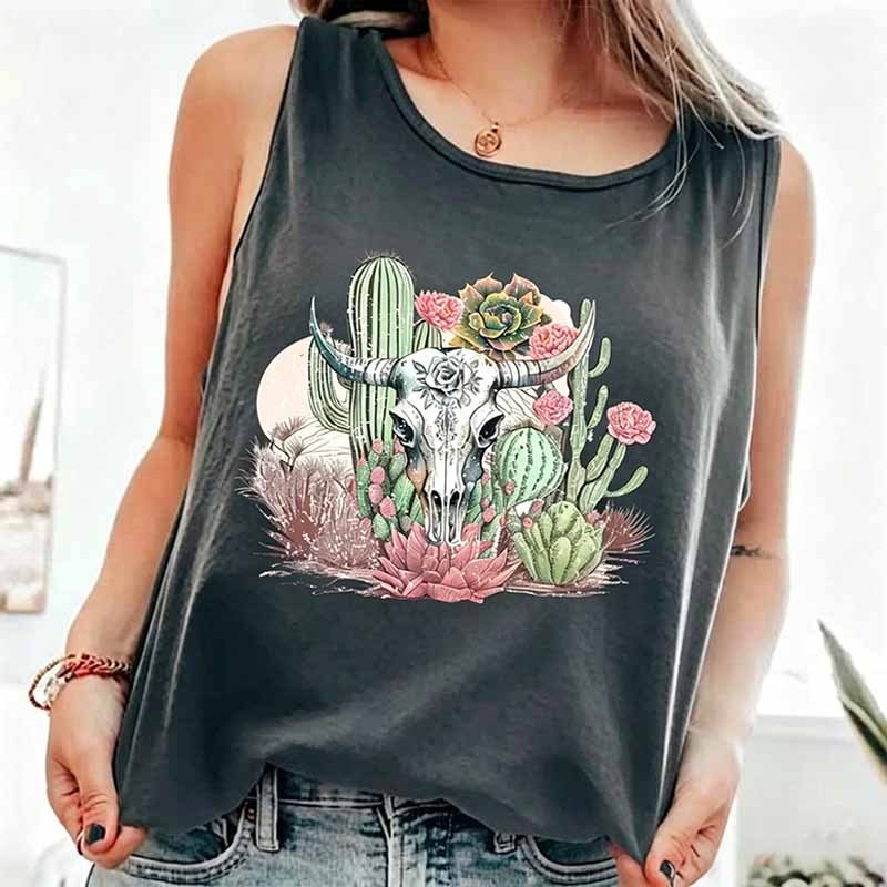 Western Boho Cow Skull Desert Cactus Tank Top
