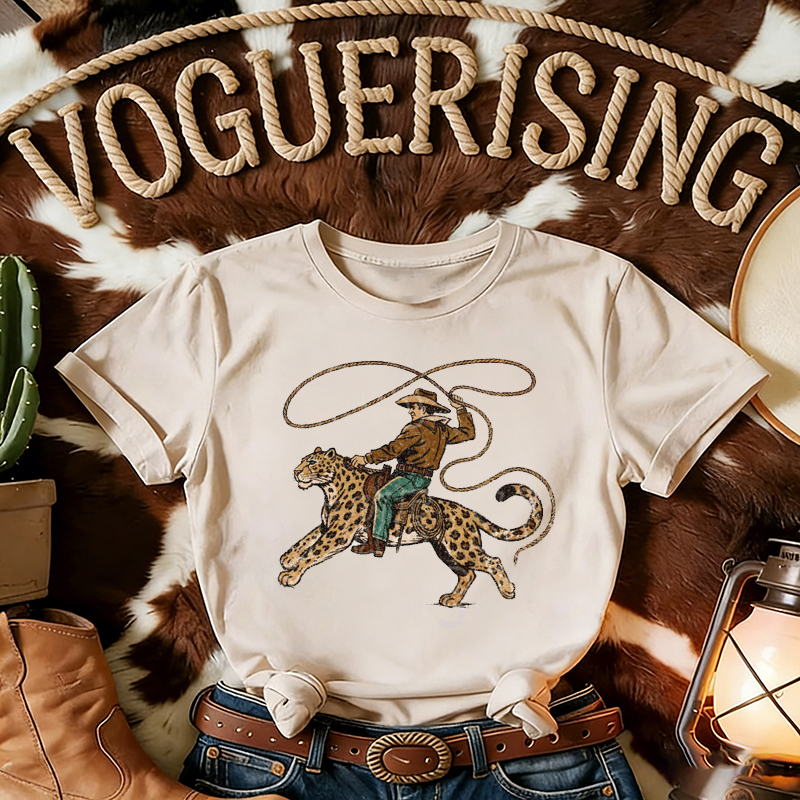 Western Cowboy Riding Leopard T-shirt