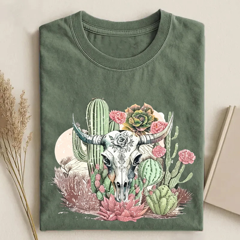 Western Boho Cow Skull Desert Cactus T-shirt