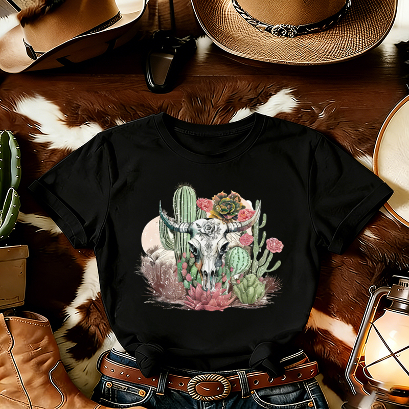 Western Boho Cow Skull Desert Cactus T-shirt