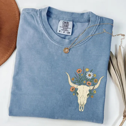 Cowgirl Wildflowers Longhorn Skull T-shirt