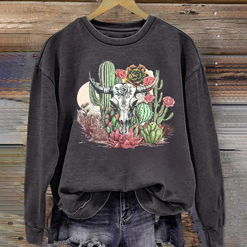 Western Boho Cow Skull Desert Cactus Sweatshirt