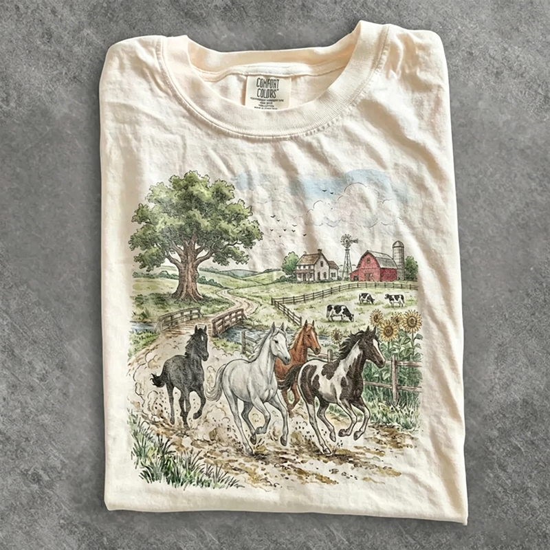Vintage Running Horses Western Nature T-shirt