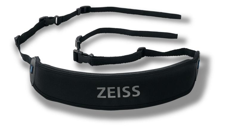 Black padded camera or binocular neck strap with adjustable straps and the ZEISS logo printed in gray.