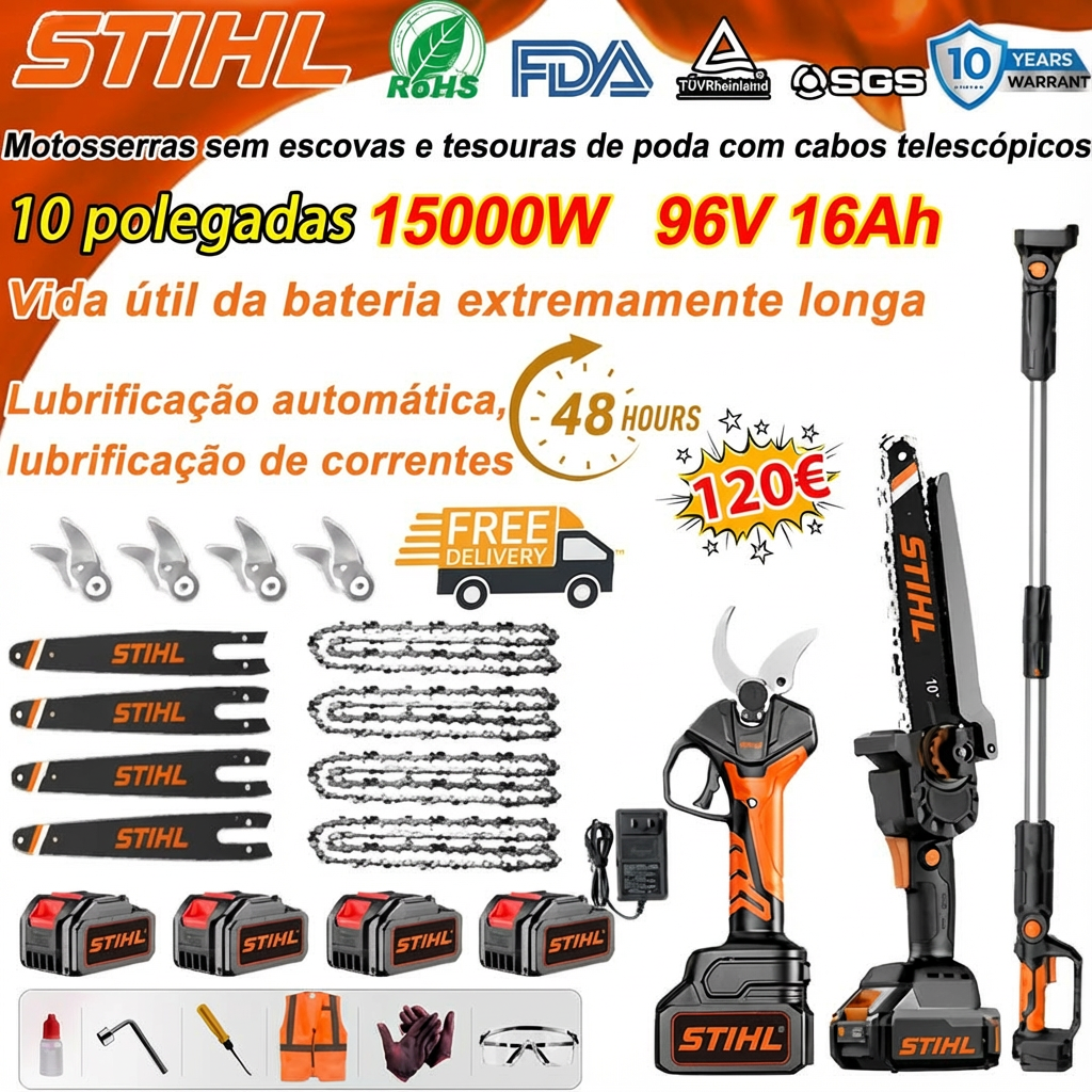 🥳Conjunto de motosserra sem escovas STIHL, 10 polegadas, 15000 W, com eixo longo e tesoura de poda extensível.🎉🎉