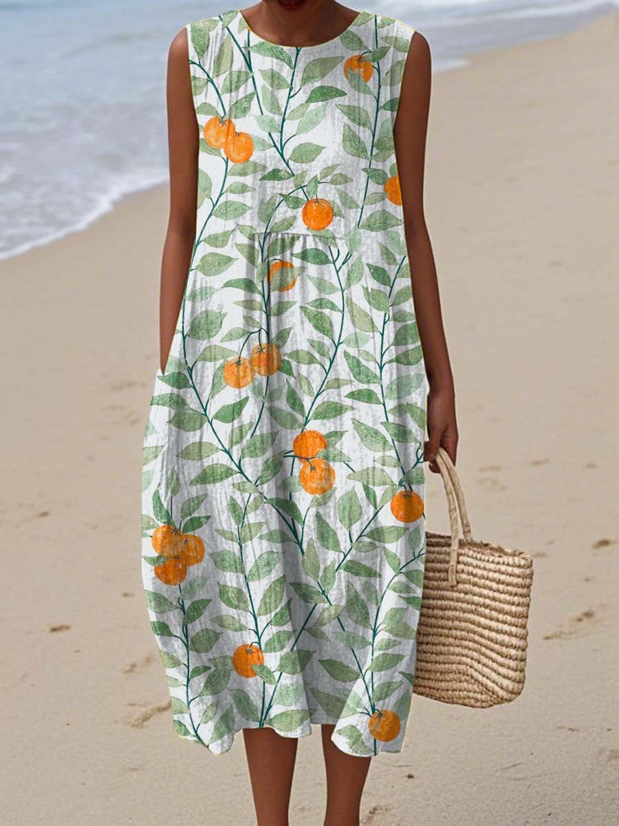 Women's Vintage Floral Art Print Sleeveless Cotton Pocket Wrap Dress