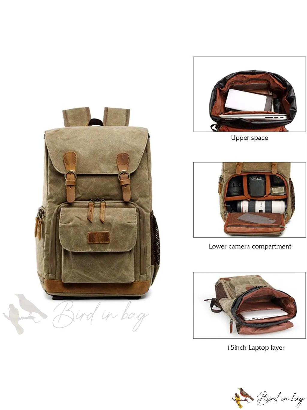 Camera Backpack for Photographers with Large Capacity, Waterproof, Retro Wax Dyed Canvas, Camera Bag, Fits 15 inch L