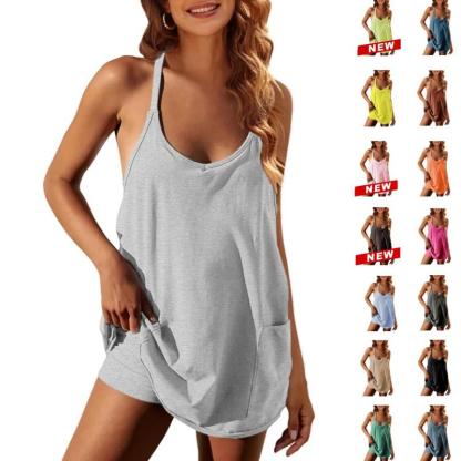 Tanming Womens Athletic Sleeveless Mini Dress with Built-in Shorts V Neck Spaghetti Strap Short Tennis Dress with Pockets