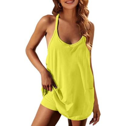 Tanming Womens Athletic Sleeveless Mini Dress with Built-in Shorts V Neck Spaghetti Strap Short Tennis Dress with Pockets