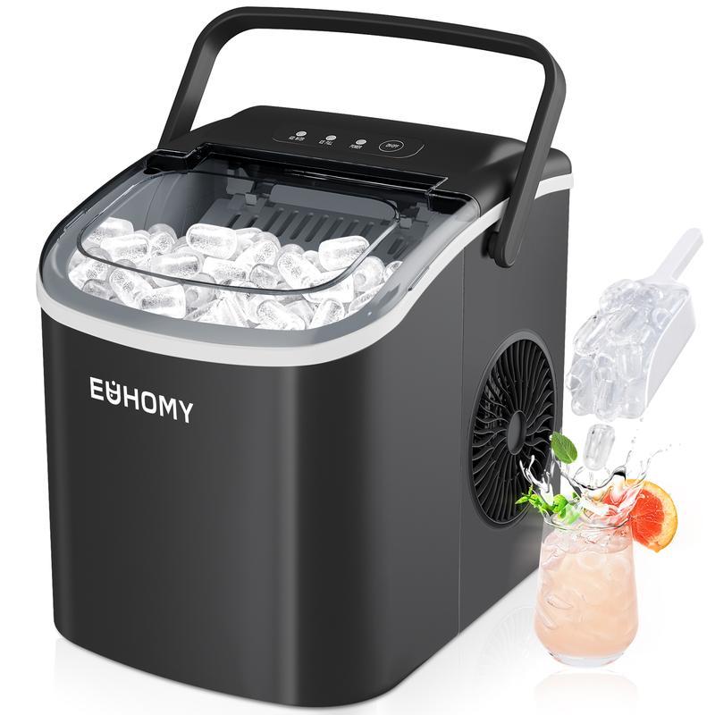EUHOMY Countertop Ice Maker with Handle, Makes 26 Pounds of Ice in 24 Hours, 9 Ice Cubes in 6 Minutes, Self-Cleaning Portable Ice Maker with Basket and Scoop for Home/Kitchen/Camping/RV.