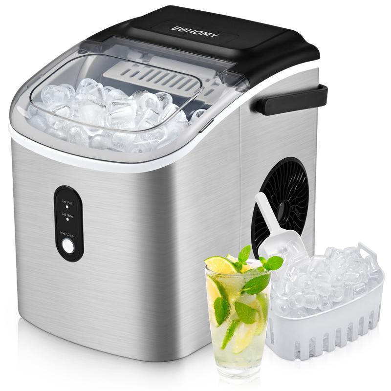 EUHOMY Countertop Ice Maker with Handle, Makes 26 Pounds of Ice in 24 Hours, 9 Ice Cubes in 6 Minutes, Self-Cleaning Portable Ice Maker with Basket and Scoop for Home/Kitchen/Camping/RV.