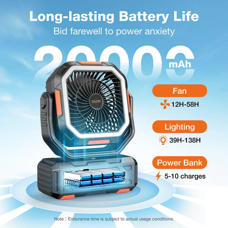 OGERY 2025 Upgraded Camping Fan, 20000mAh Rechargeable Fan with LED Lights & 270° Pivot, Remote Control Shaking Head Desk Fan for Tent Travel Home Multifunction Outdoor Activities,smartliving