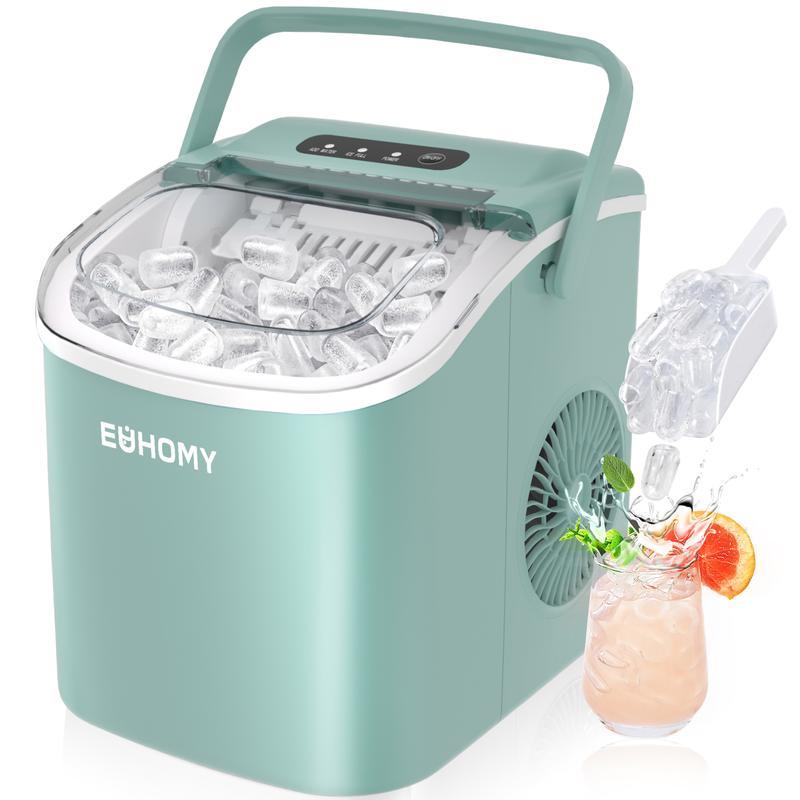 EUHOMY Countertop Ice Maker with Handle, Makes 26 Pounds of Ice in 24 Hours, 9 Ice Cubes in 6 Minutes, Self-Cleaning Portable Ice Maker with Basket and Scoop for Home/Kitchen/Camping/RV.