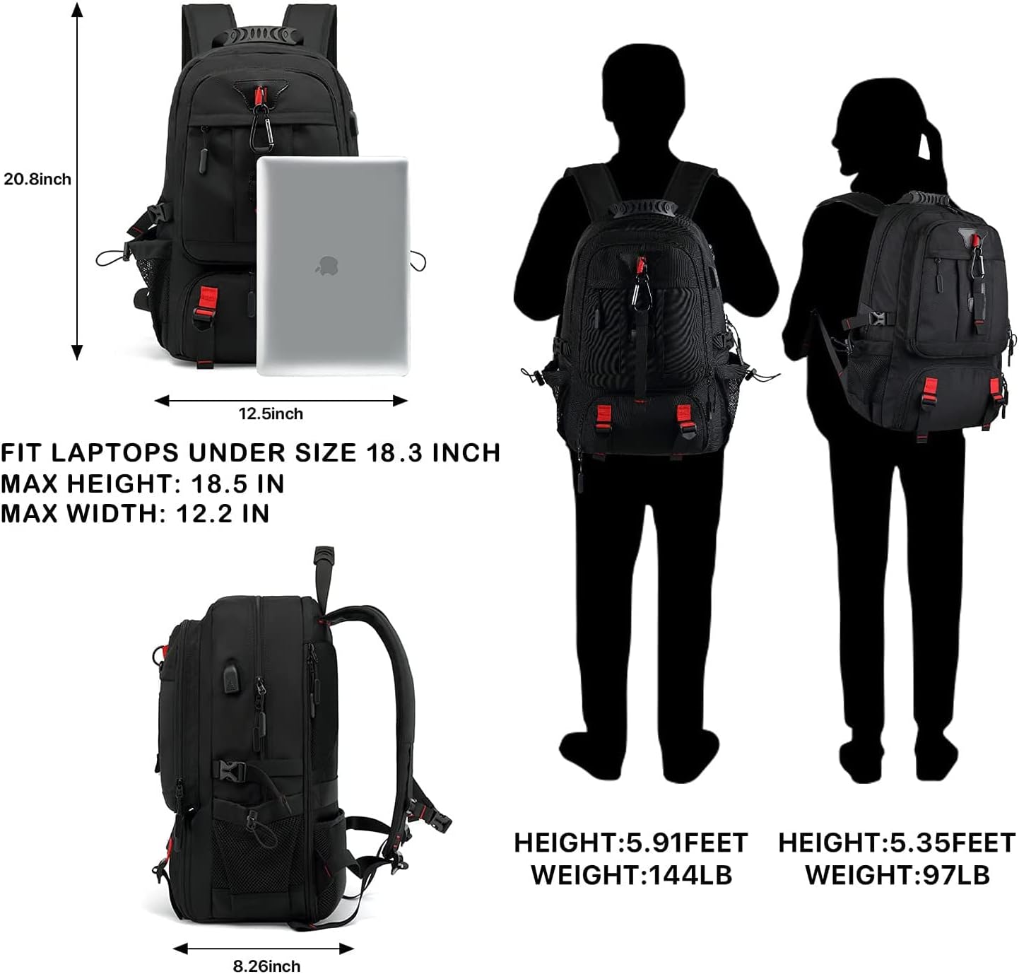 INSAVANT Travel Backpack for Mens 18.3 Inch with Laptop Sleeve and Shoe Compartment, Computer Backpacks with USB Charging Port, Durable Hiking Work Business Daypack for Women(Black Black)