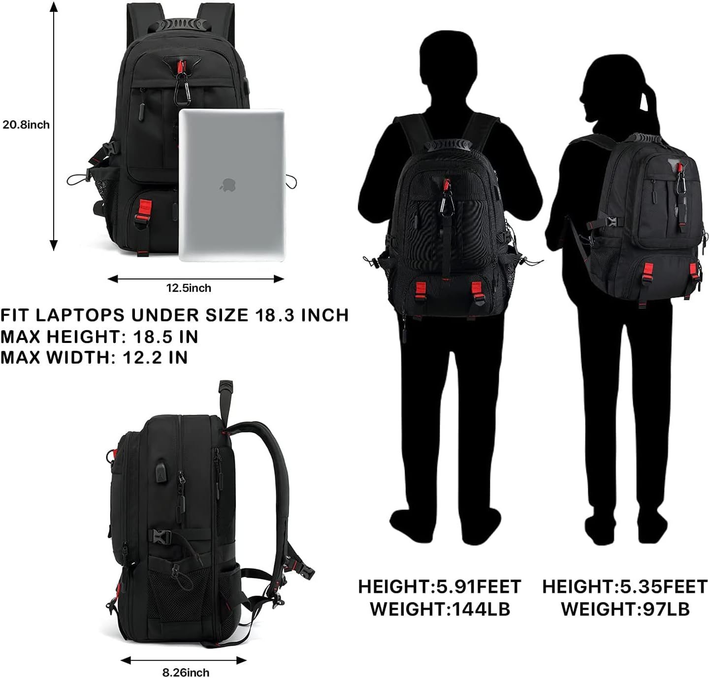 INSAVANT Travel Backpack for Mens 18.3 Inch with Laptop Sleeve and Shoe Compartment, Computer Backpacks with USB Charging Port, Durable Hiking Work Business Daypack for Women(Black Black)