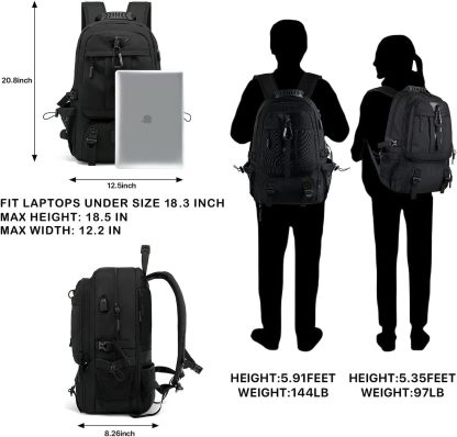 INSAVANT Travel Backpack for Mens 18.3 Inch with Laptop Sleeve and Shoe Compartment, Computer Backpacks with USB Charging Port, Durable Hiking Work Business Daypack for Women(Black Black)