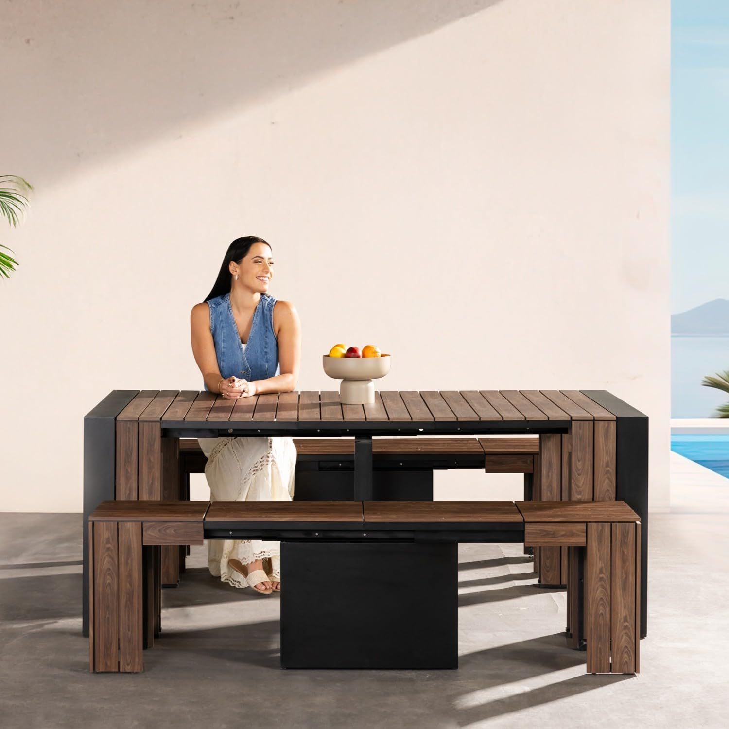 Transformer Table Outdoor Patio Furniture Set for 4 to 12, Expandable Outdoor Table and Chairs Set of 4 with Dining Bench, Weather Resistant Extendable Patio Table with Chairs & Bench
